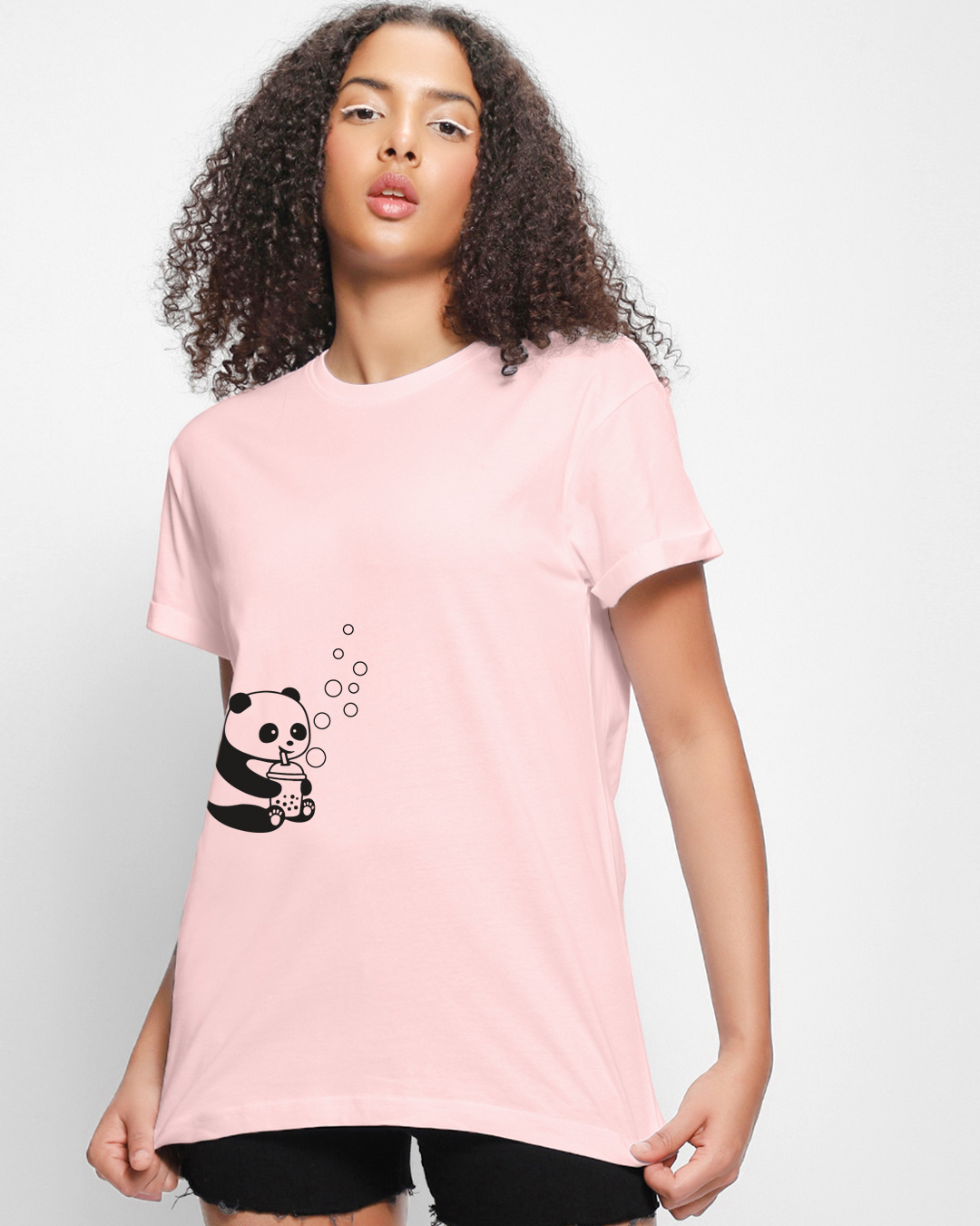Shop Women's Pink Bubble Panda Graphic Printed Boyfriend T-shirt-Back