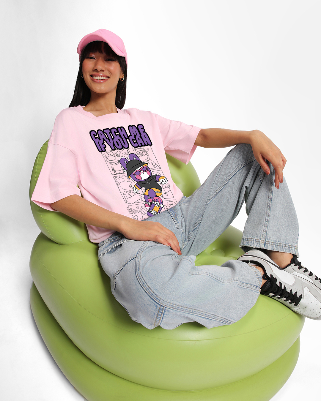 Buy Women's Pink Catch Me If You Can Graphic Printed Oversized T-shirt ...