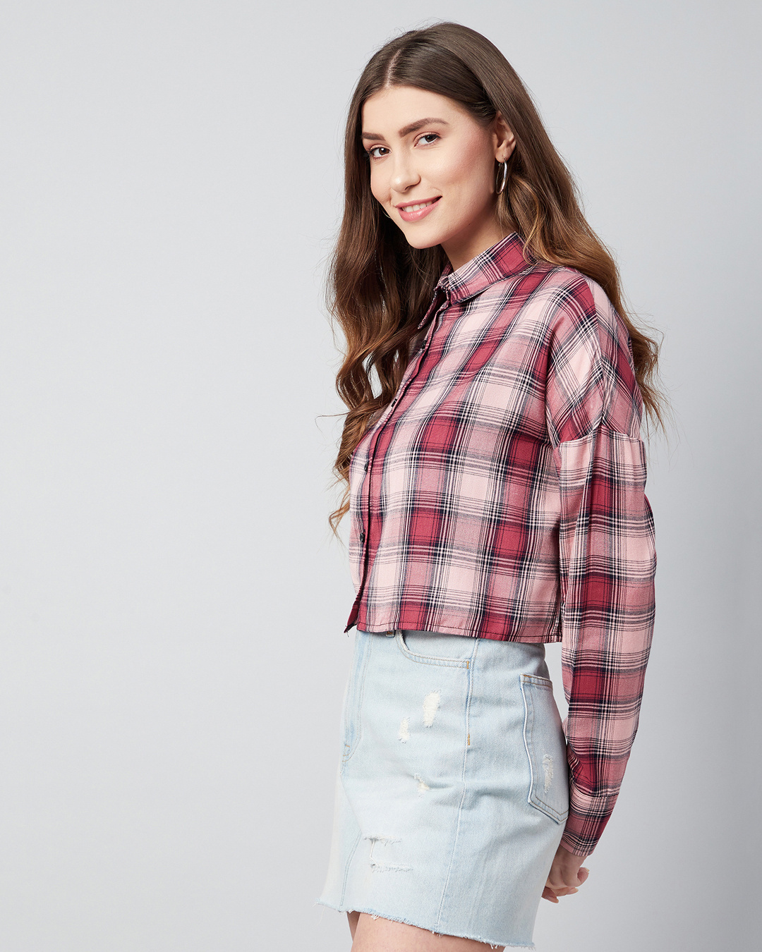 Shop Women's Pink Checked Boxy Fit Crop Shirt-Back