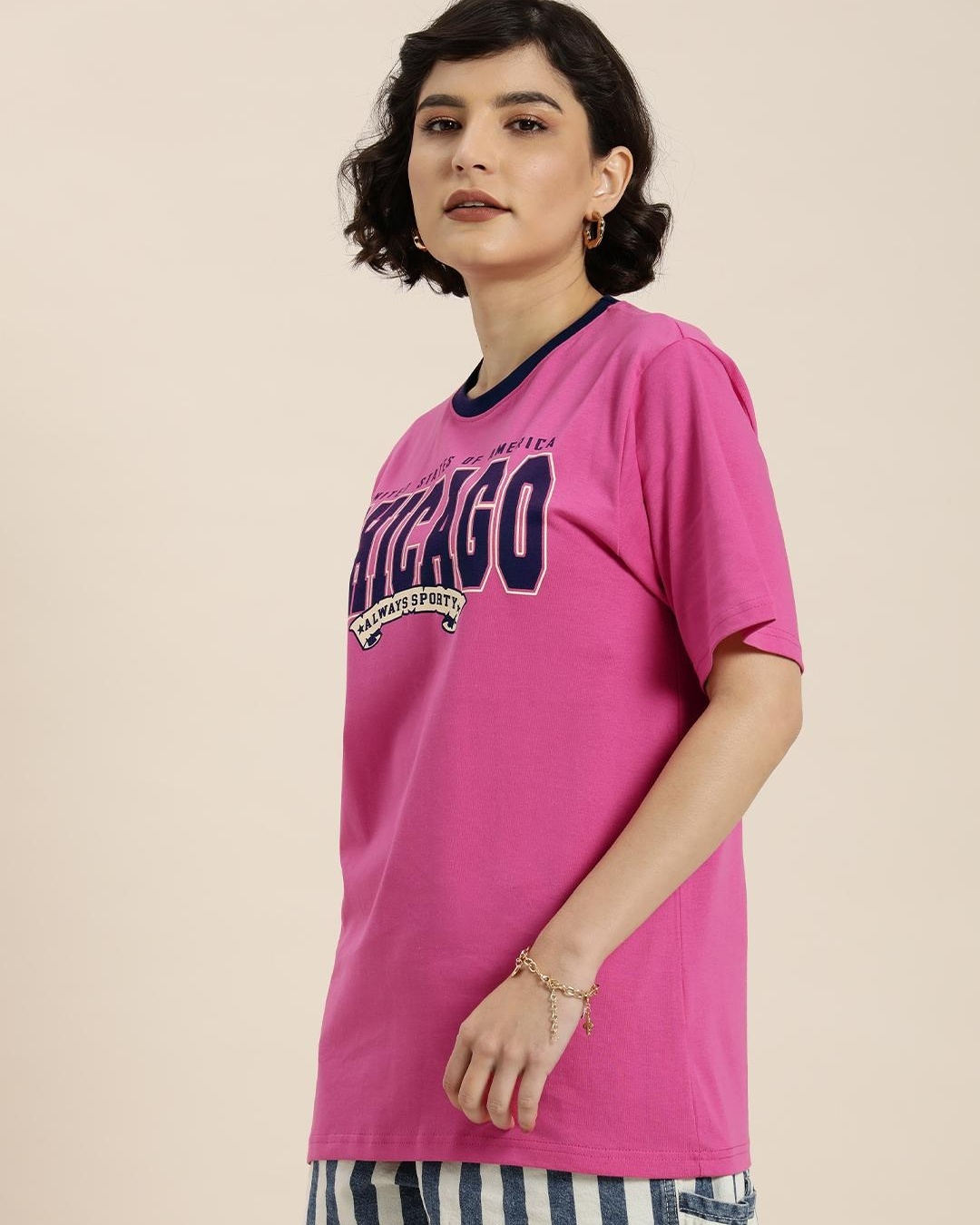 Shop Women's Pink Chicago Typography Oversized T-shirt-Back