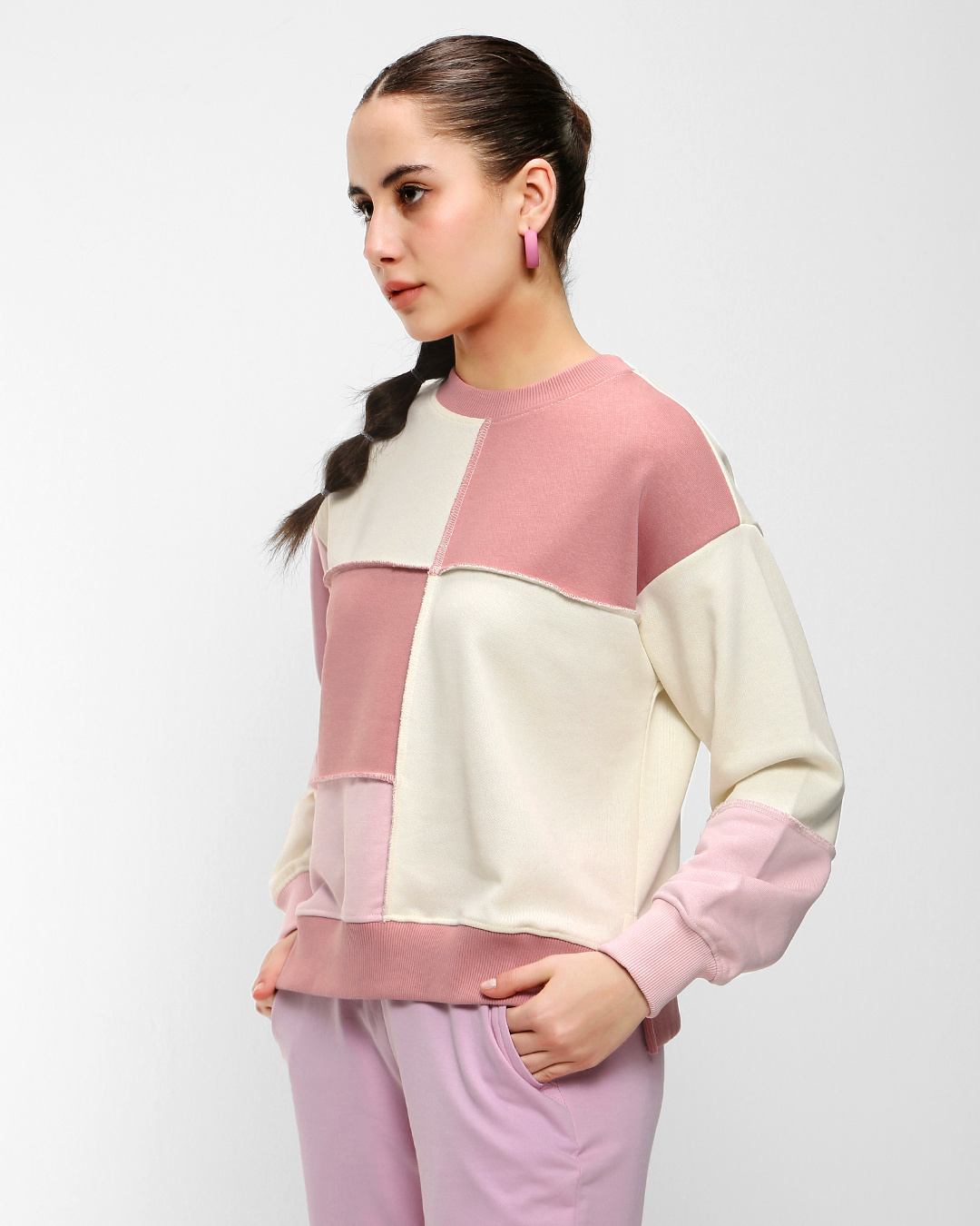 Shop Women's Pink Color Block Super Loose Fit Sweatshirt-Back