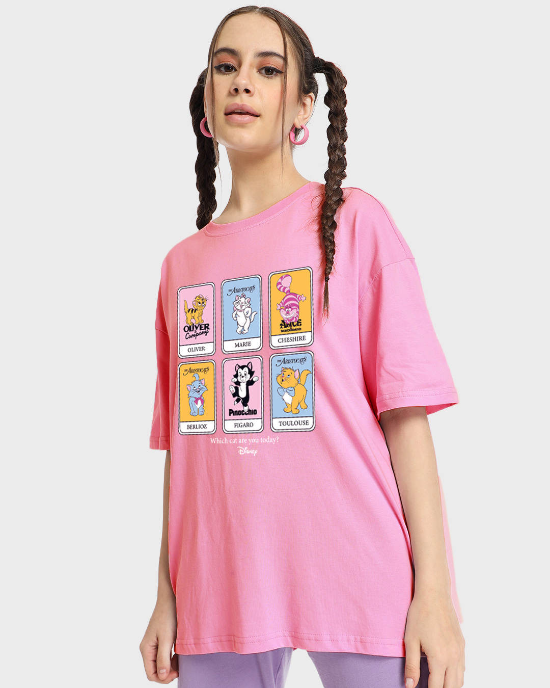 Women Barbie Pink Cat Print Oversized T-shirt