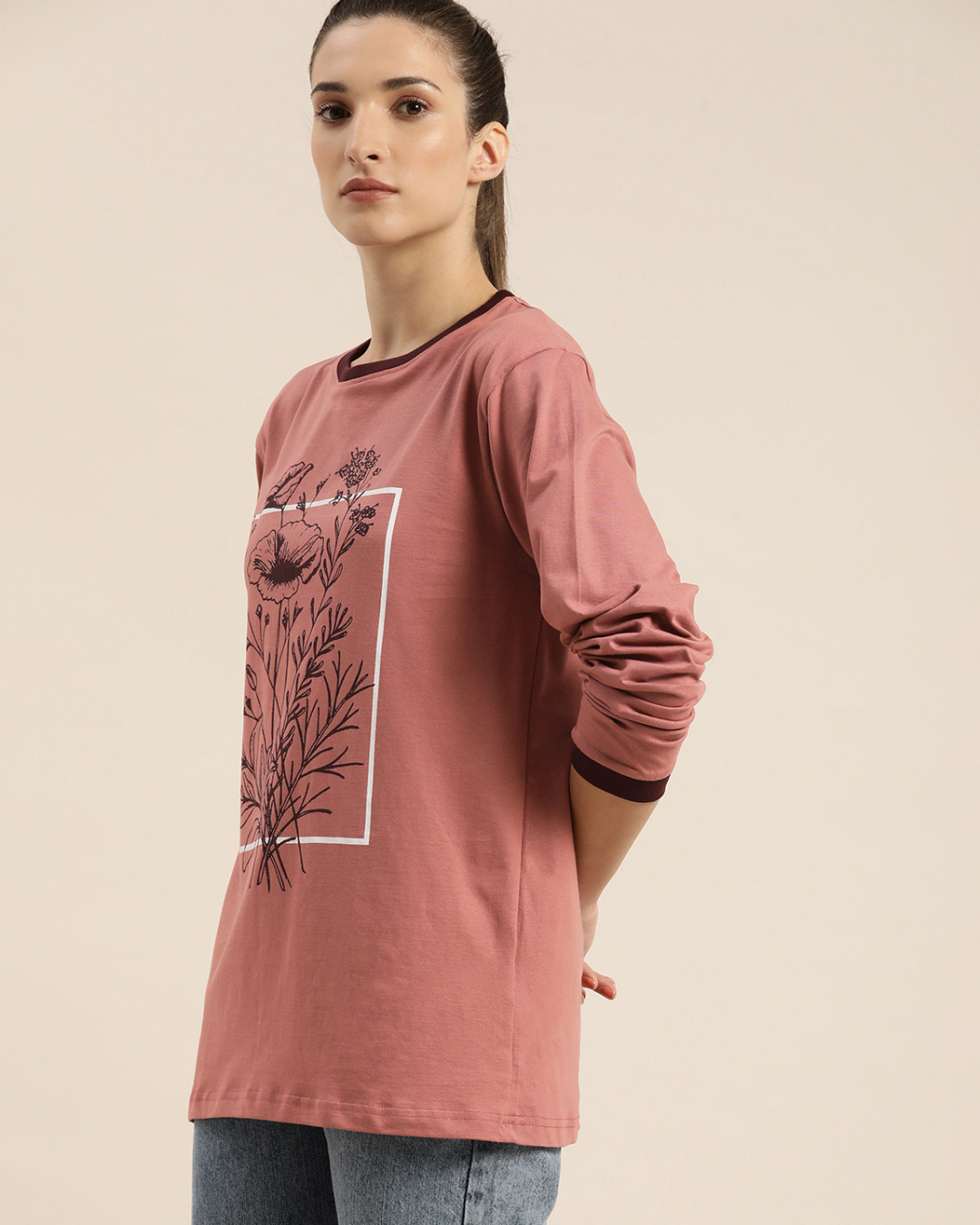 Shop Women's Pink Floral Print Oversized T-shirt-Back