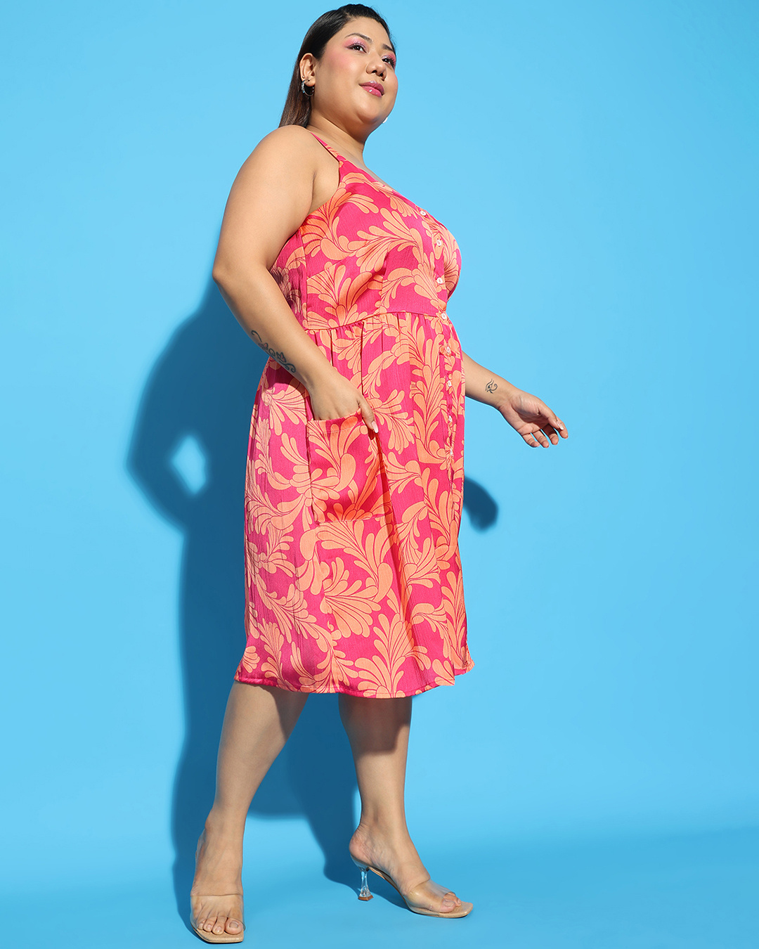Shop Women's Pink & Orange Floral Printed Plus Size Flared Dress-Back