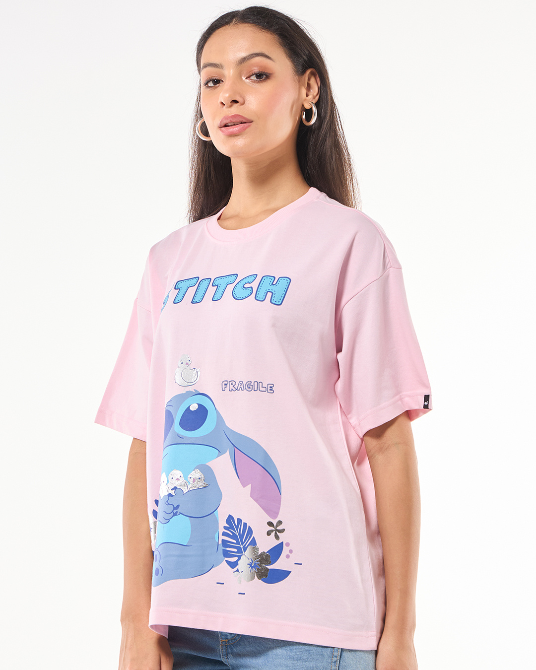 Shop Women's Pink Fragile Stitch Graphic Printed Oversized T-shirt-Back