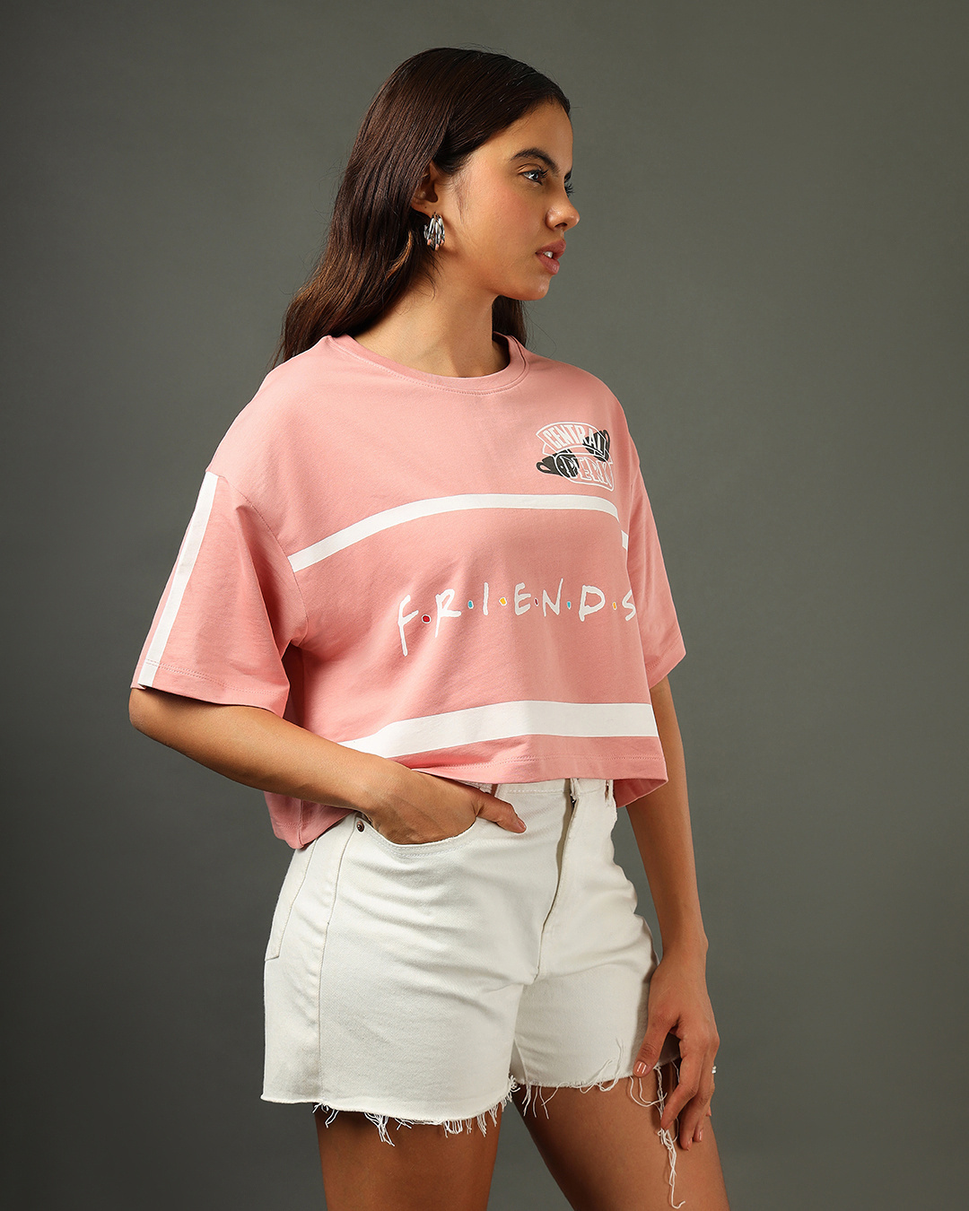 Shop Women's Pink Friends Gang Logo Graphic Printed Oversized Short Top-Back