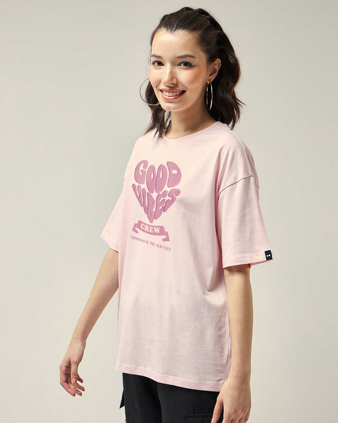 Shop Women's Pink Good Vibes Typography Oversized T-shirt-Back
