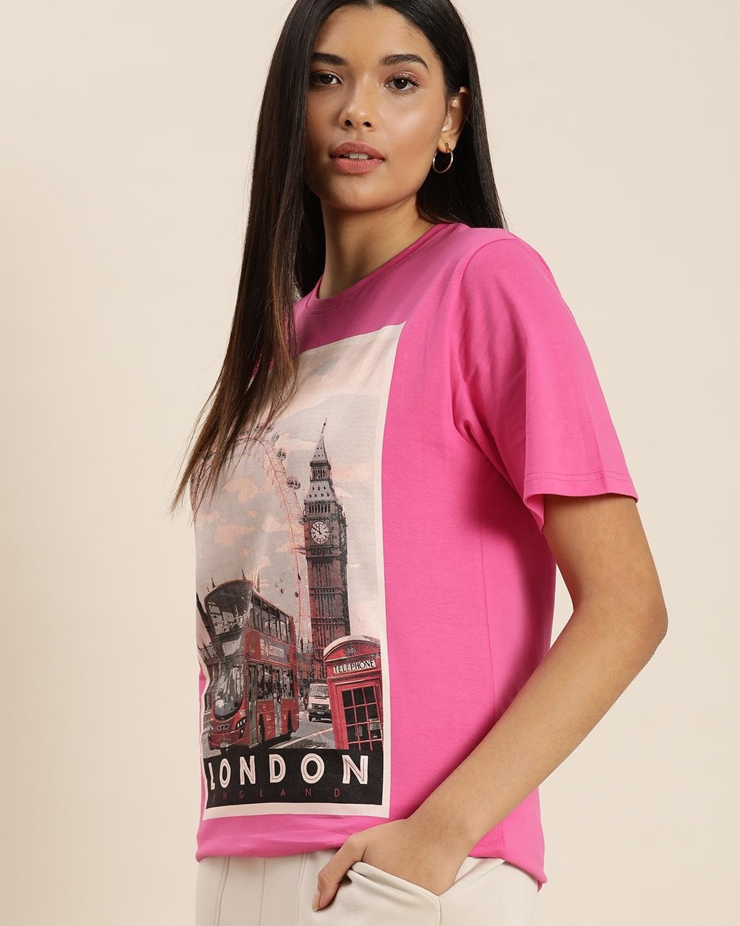 Shop Women's Pink Graphic Printed Relaxed Fit T-shirt-Back
