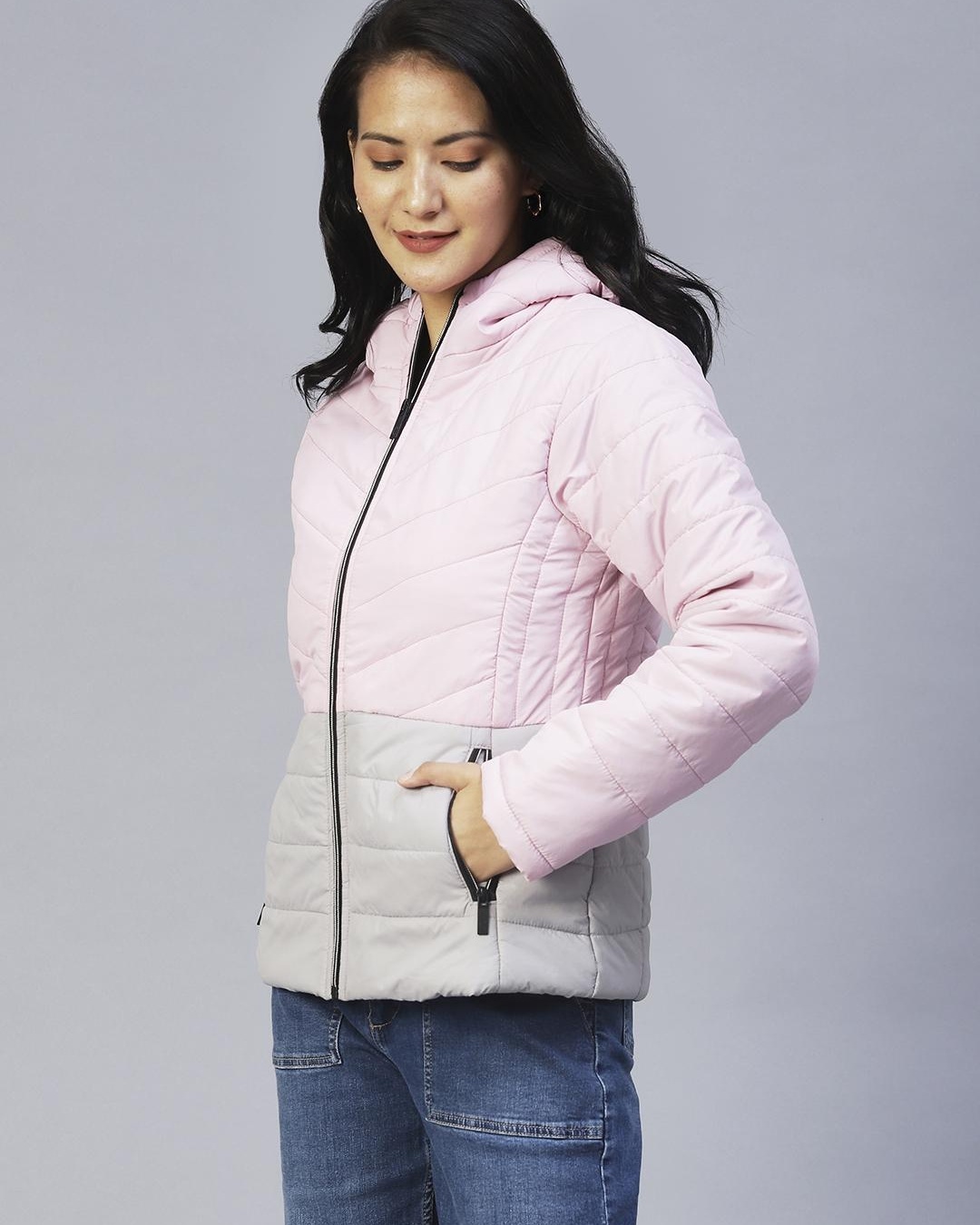 Shop Women's Pink & Grey Color Block Hooded Puffer Jacket-Back