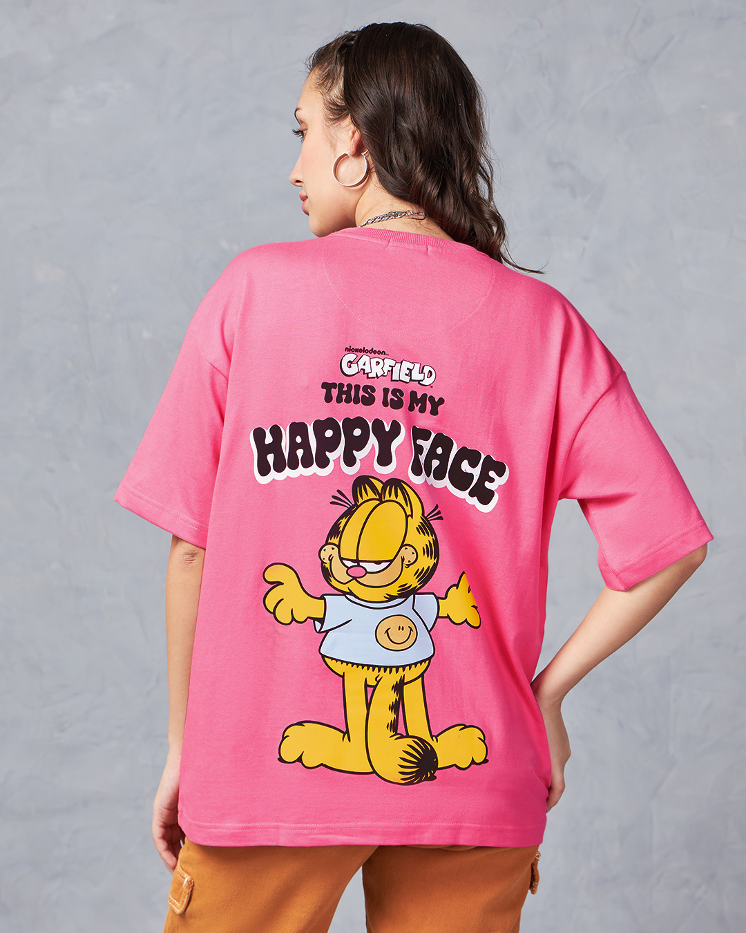 Shop Women's Pink Happy Face Graphic Printed Oversized T-shirt-Back