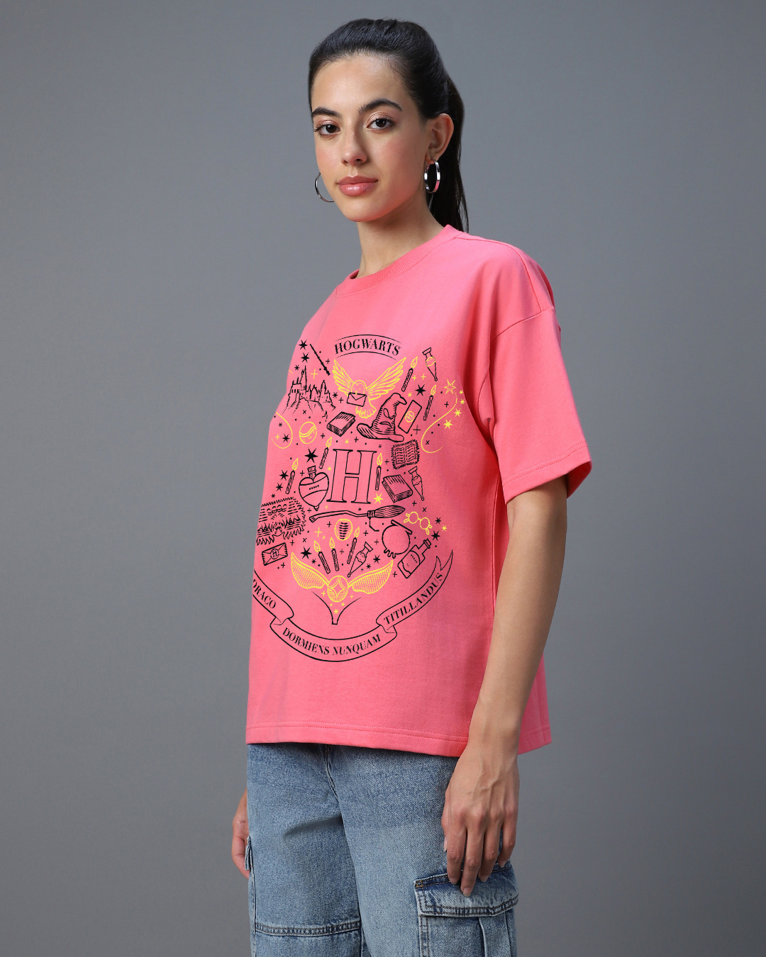 Buy Women's Pink Hogwarts Graphic Printed Oversized T-shirt Online at ...