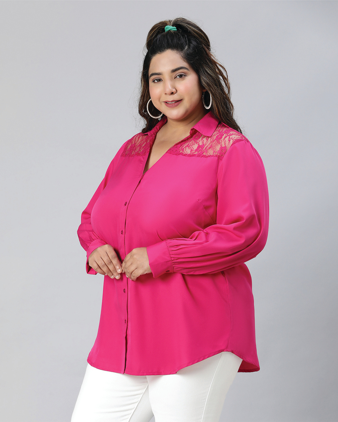 Shop Women's Plum Pink Lace Detailed Plus Size Shirt-Back