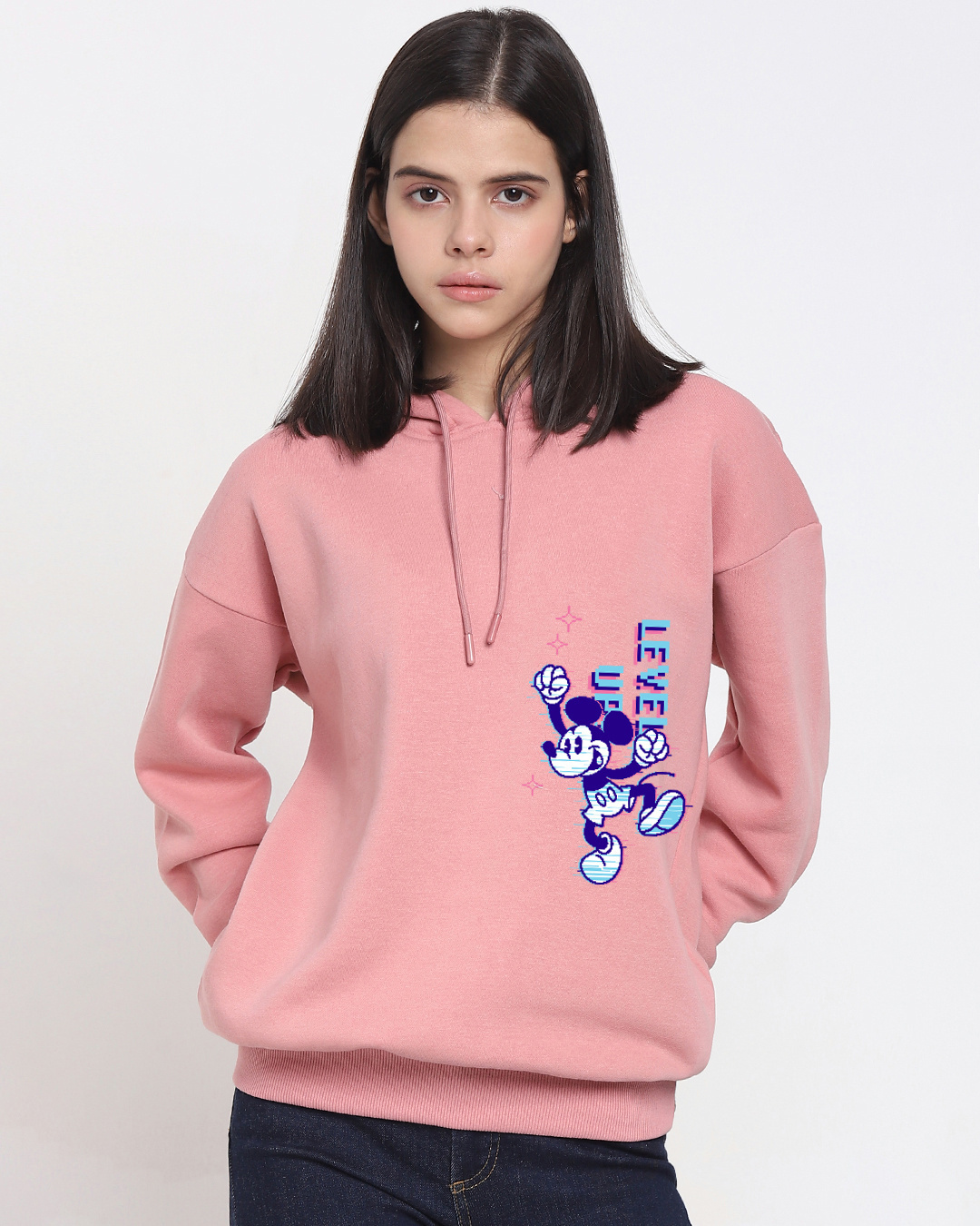 Shop Women's Pink Level Up Mickey Graphic Printed Oversized Hoodies-Back