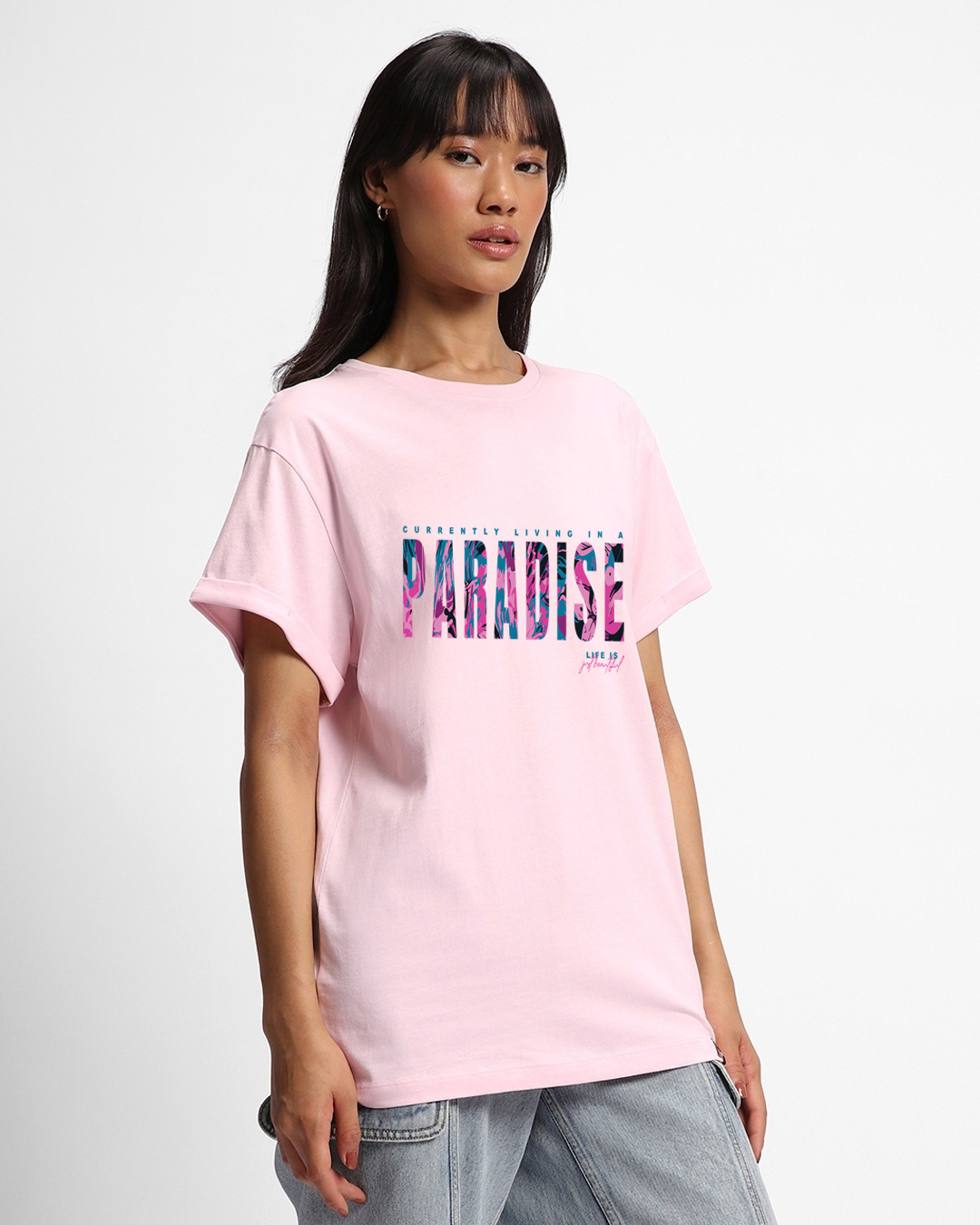 Shop Women's Pink Living in Paradise Graphic Printed Boyfriend T-shirt-Back