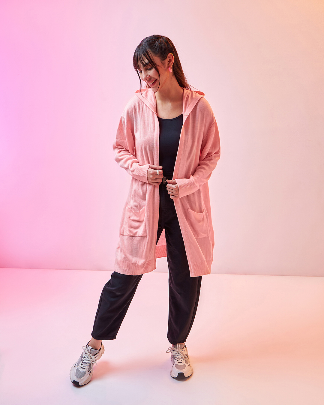 Shop Women's Pink Imagine Typography Super Loose Fit Hooded Flatknit Sweater-Back