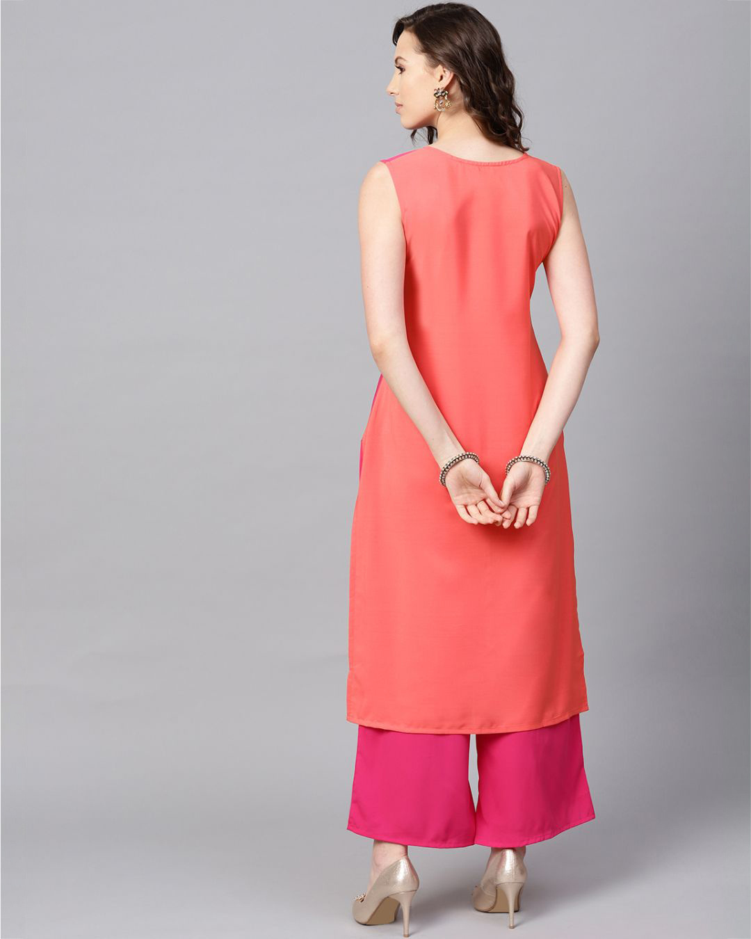 Shop Women's Pink & Orange Solid Straight Crepe Kurta-Back