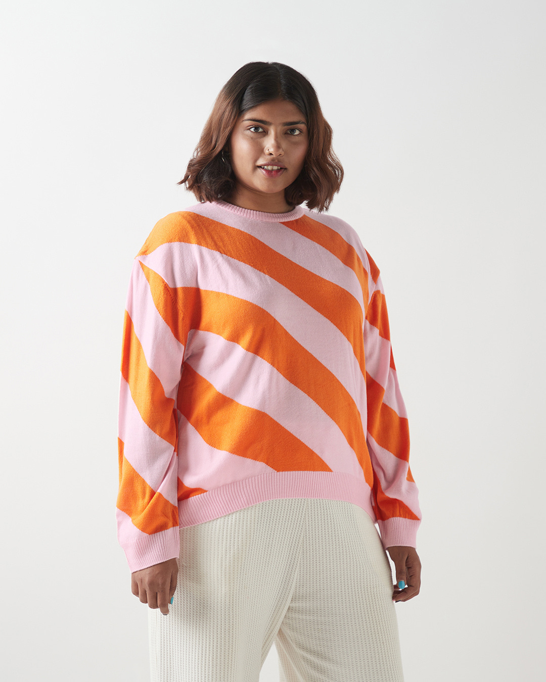 Shop Women's Pink & Orange Striped Oversized Plus Size Sweater-Back