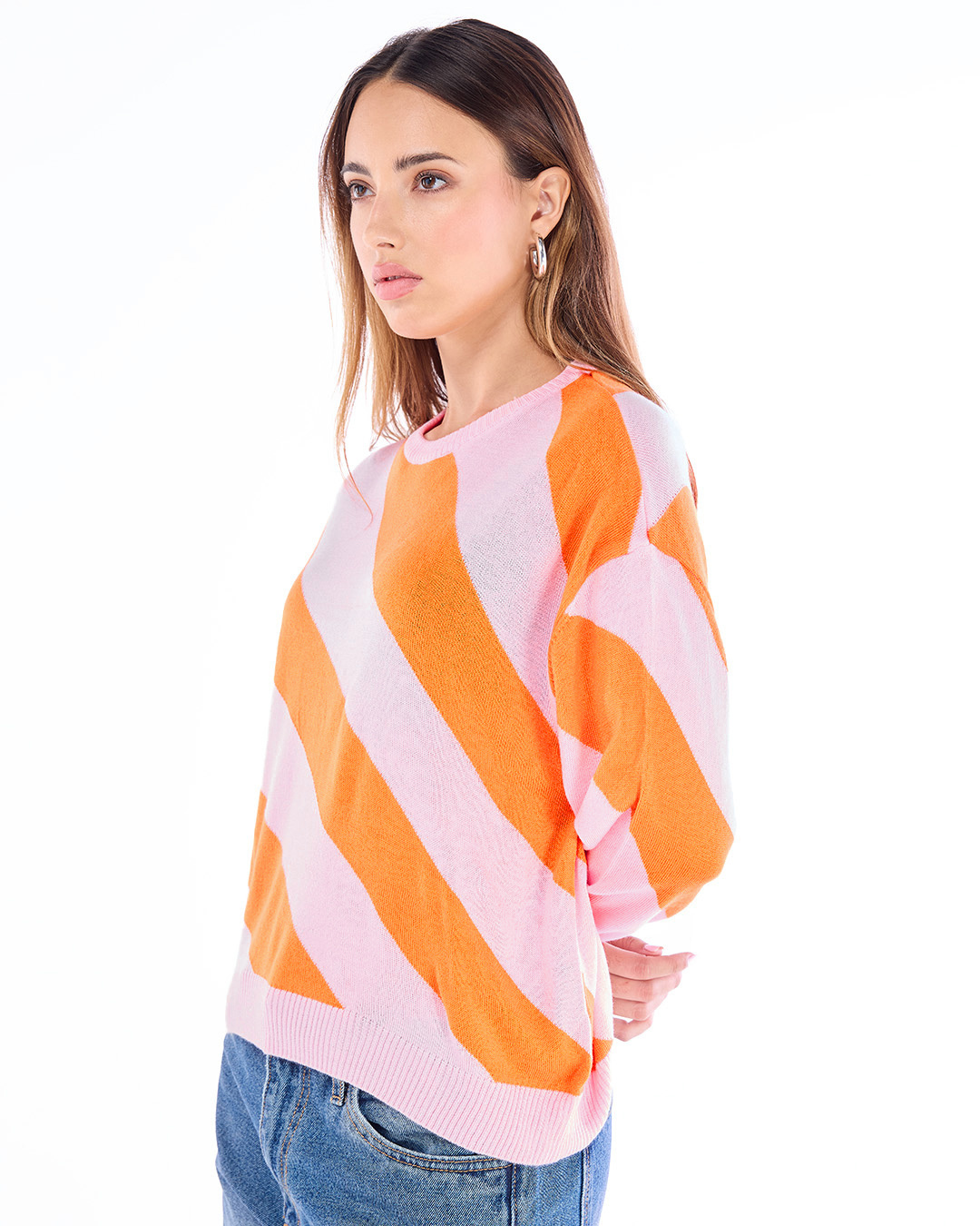 Shop Women's Pink & Orange Striped Oversized Sweater-Back