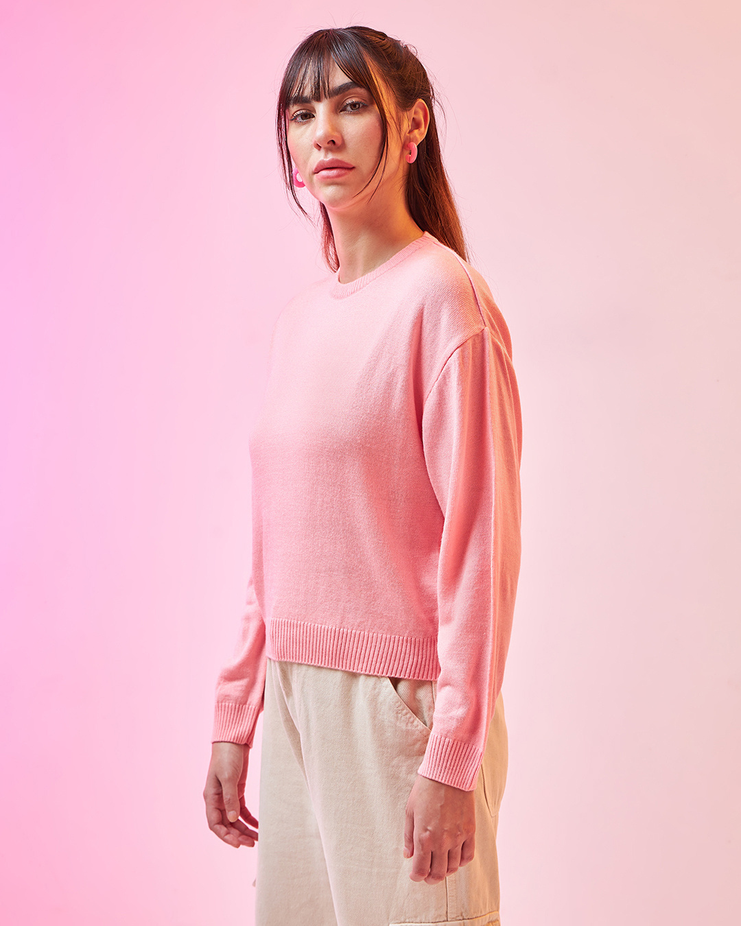 Shop Women's Pink Oversized Flatknit Sweater-Back