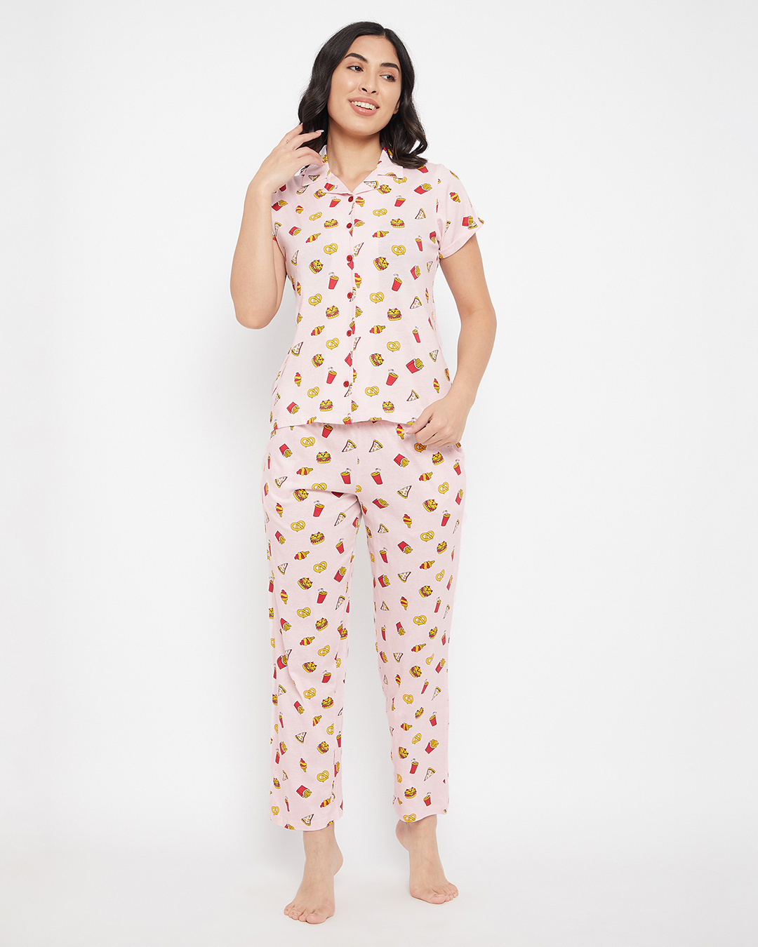 Buy Women's Pink Pizza and Fries AOP Shirt & Pyjamas Set Online in ...