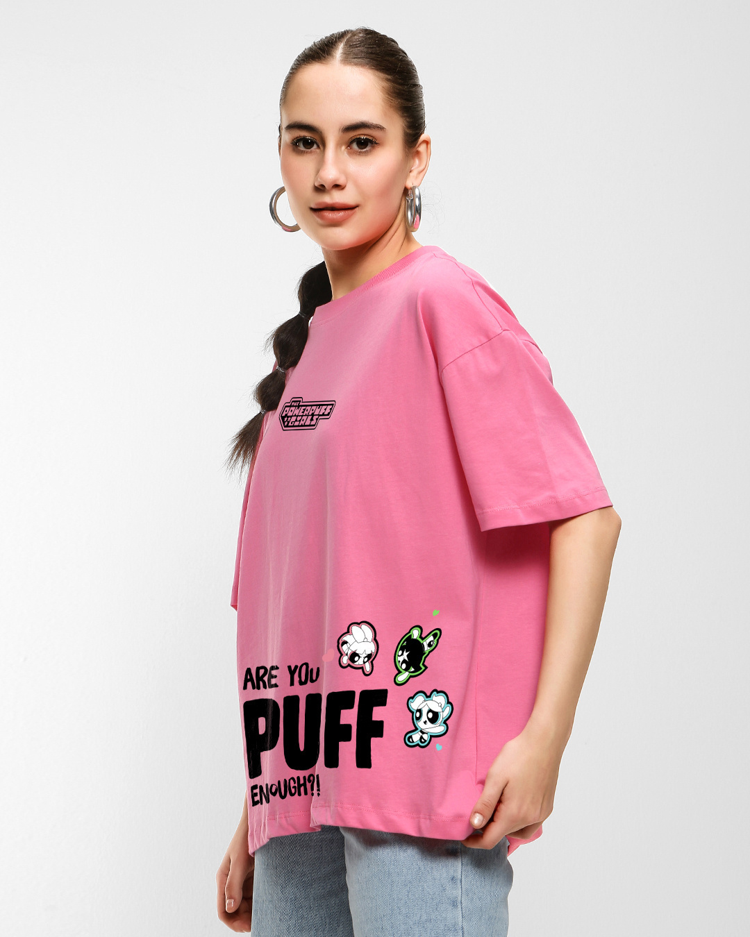 Shop Women's Pink Powerpufff Enough Graphic Printed Oversized T-shirt-Back