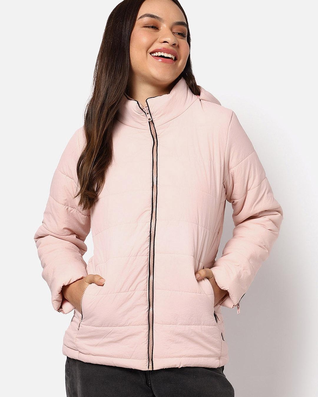 Buy Women's Pink Puffer Hooded Jacket Online at Bewakoof