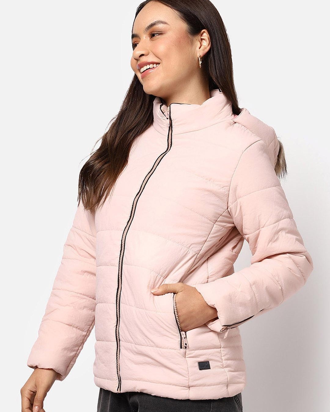 Shop Women's Pink Puffer Hooded Jacket-Back