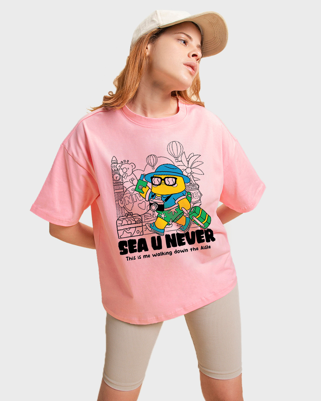 Shop Women's Pink Sea u Never Graphic Printed Oversized T-shirt-Back