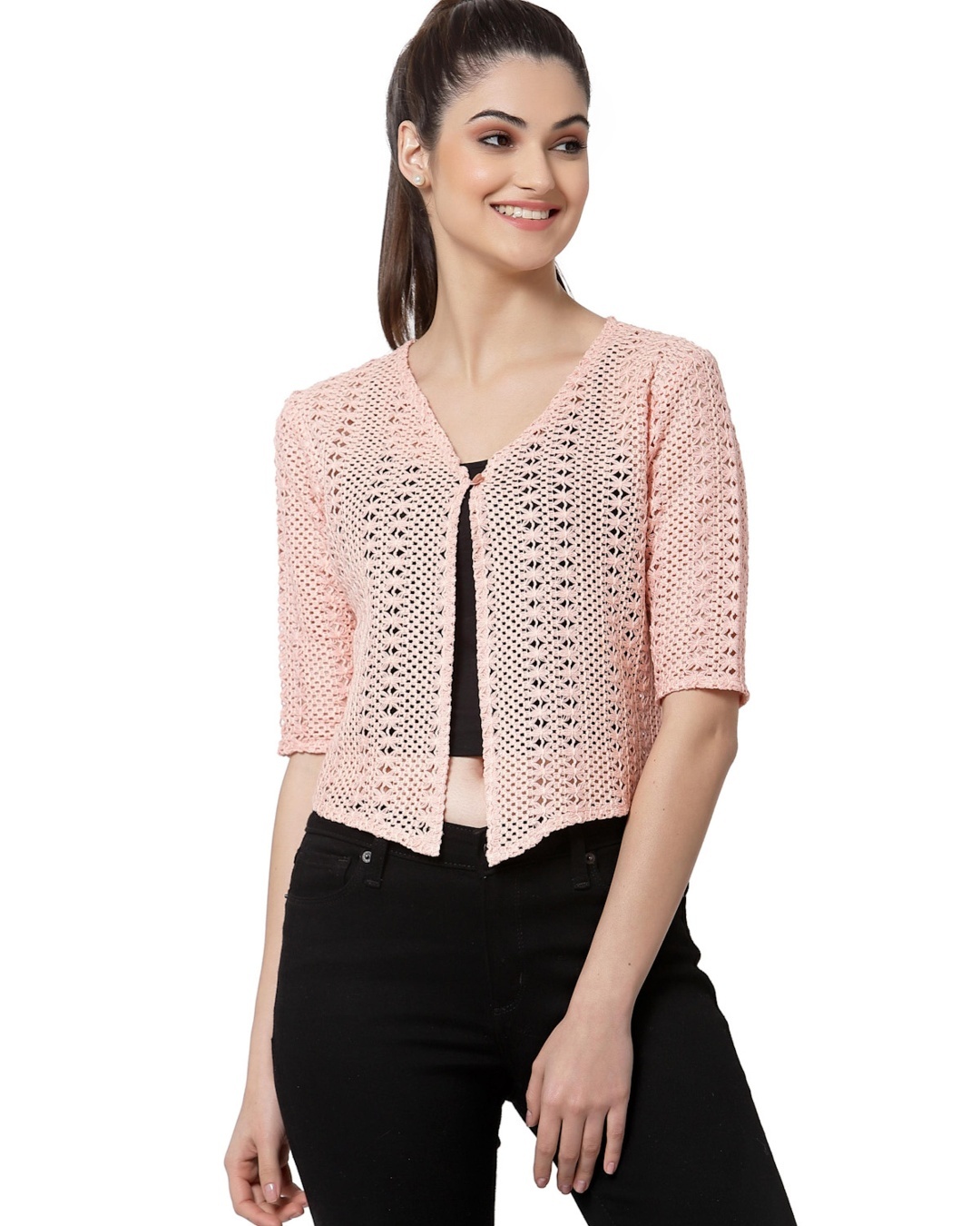 Buy Women's Pink Self Design Crop Shrug Online at Bewakoof