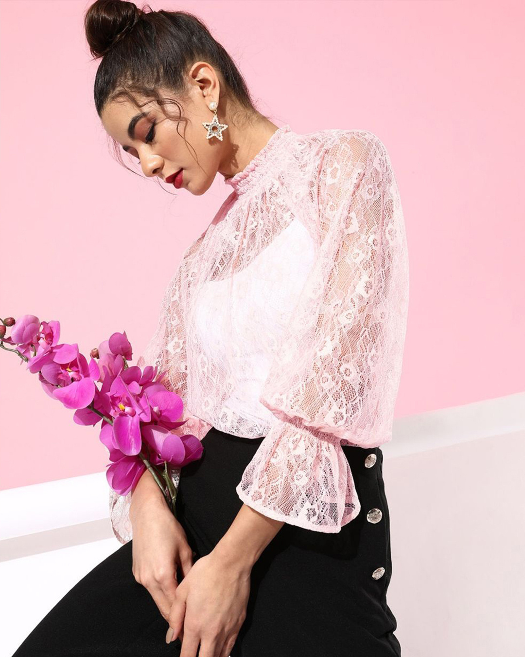 Shop Women's Pink Self Design Sheer Top-Back