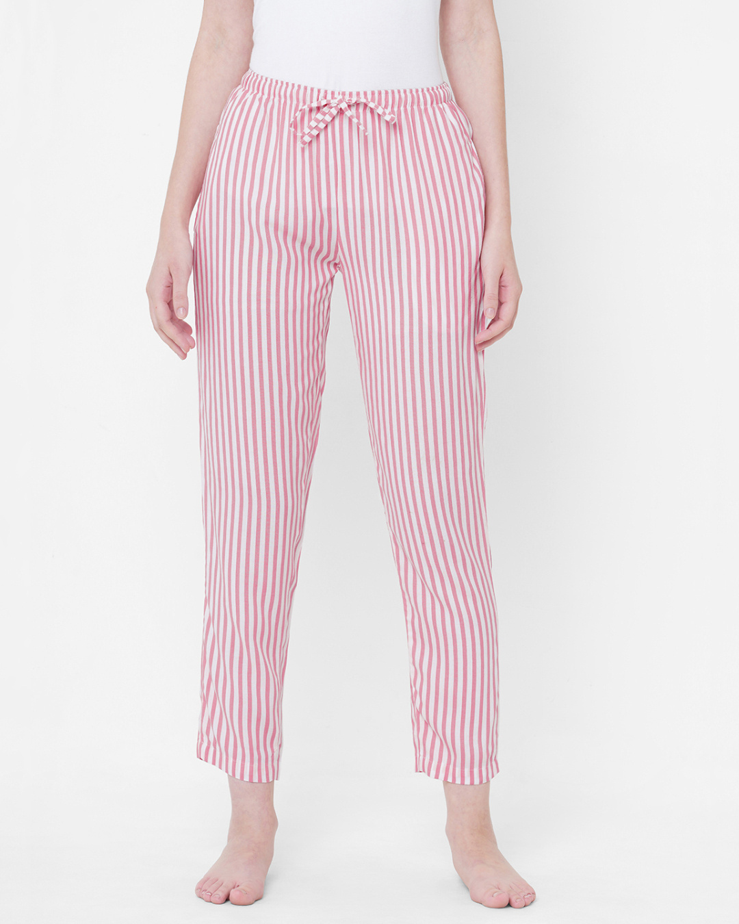 Popnetic Women White  Pink Loose Fit Striped Layered Parallel Trouser
