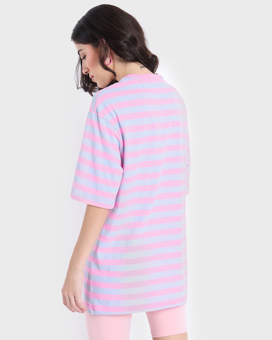 Shop Women's Pink Striped Plus Size Oversized T-shirt-Back