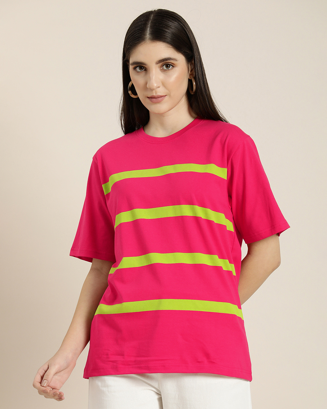 Buy Women's Pink Striped Oversized Tshirt Online at Bewakoof