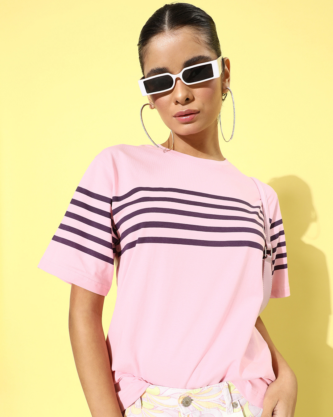 Pink Stripe Oversized Contrast Trim Exposed Seam High Low T Shirt main image 0