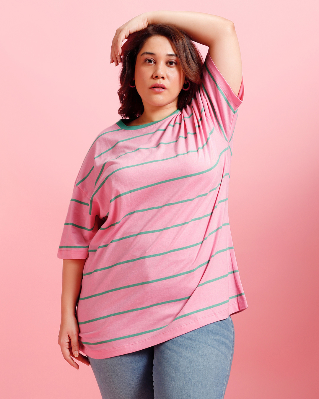 Shop Women's Pink Striped Plus Size Oversized T-shirt-Back