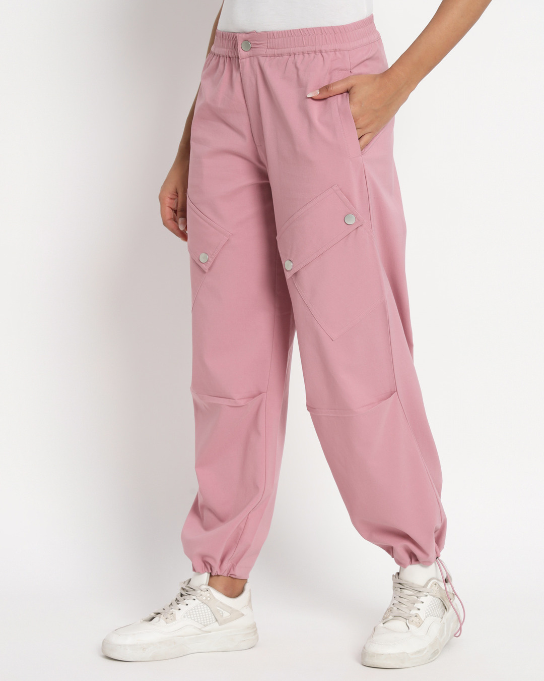 Shop Women's Pink Tapered Fit Cargo Parachute Pants-Back
