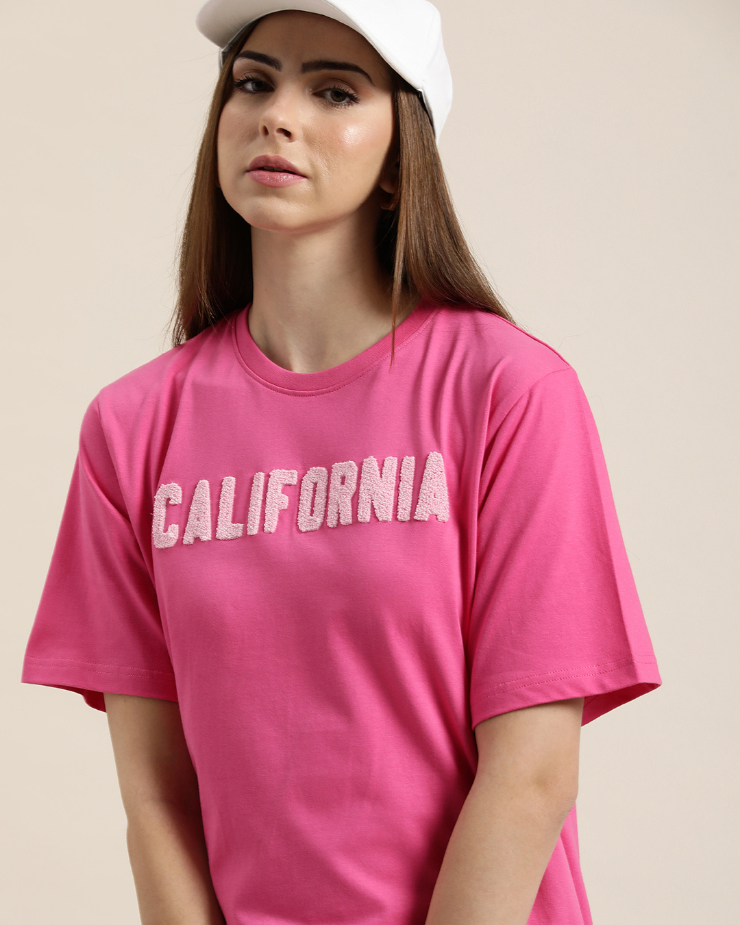 Women's Embellished Typography Pink Relaxed Fit T-Shirt