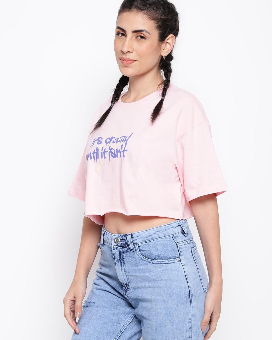 Shop Women's Pink Typography Loose Fit Crop T-shirt-Back