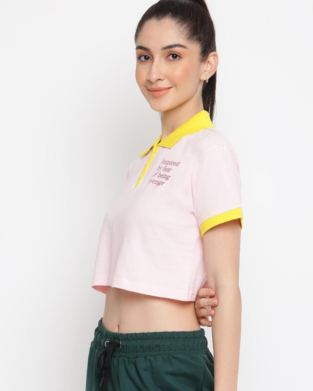 Shop Women's Pink Typography Crop Polo T-shirt-Back
