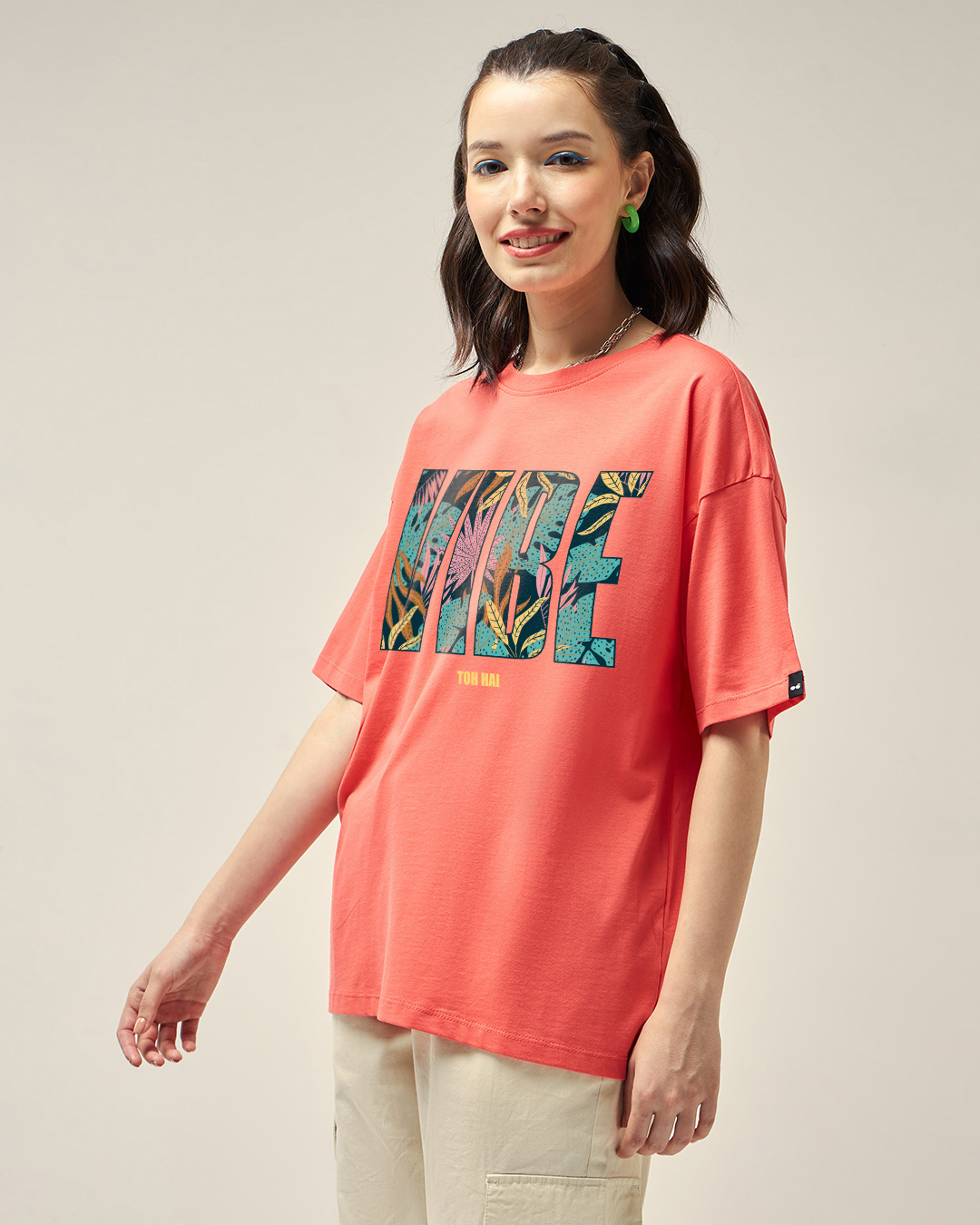 Shop Women's Coral Pink Vibe Hai Graphic Printed Oversized T-shirt-Back