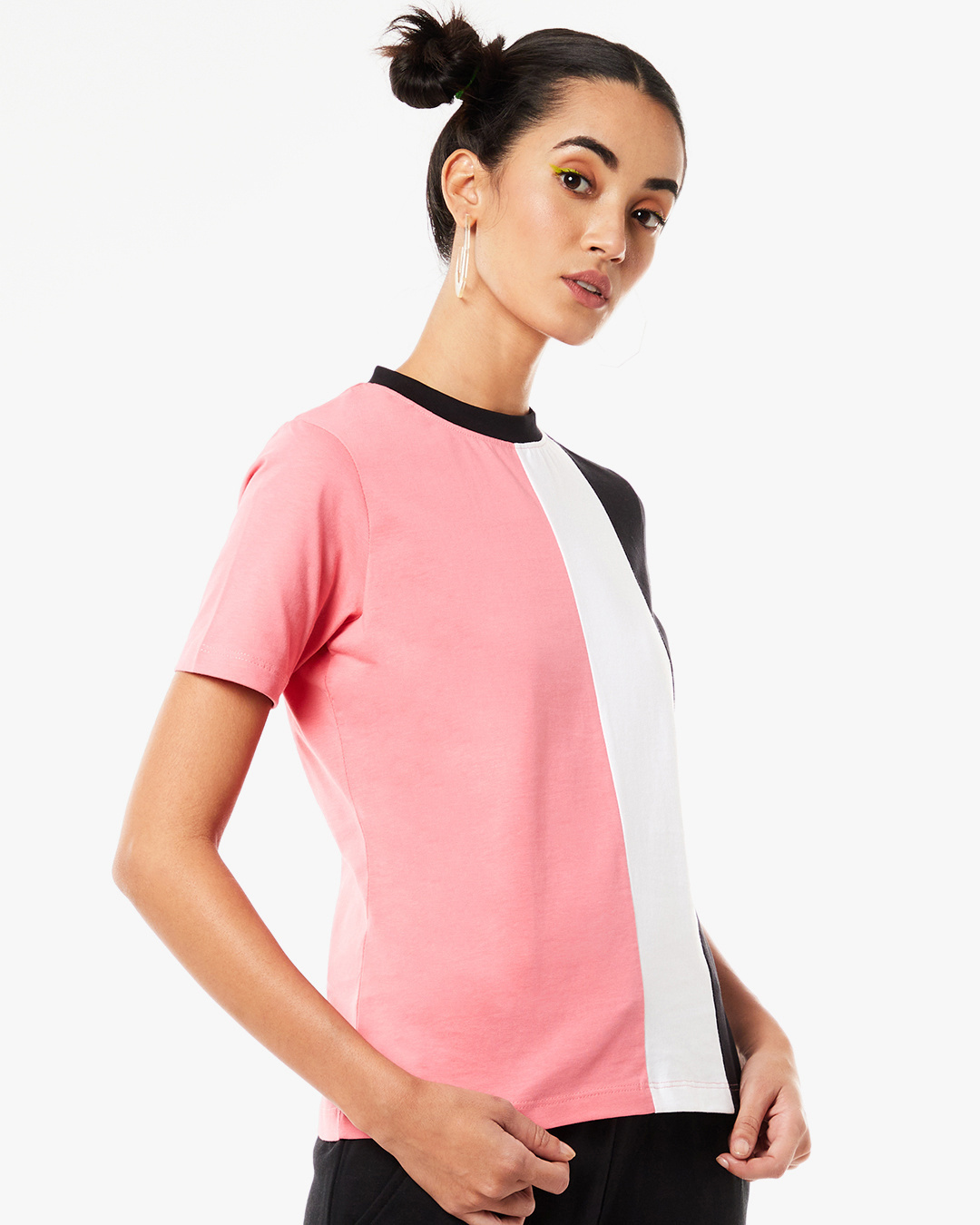 Shop Women's Pink White & Black Color Block T-shirt-Back