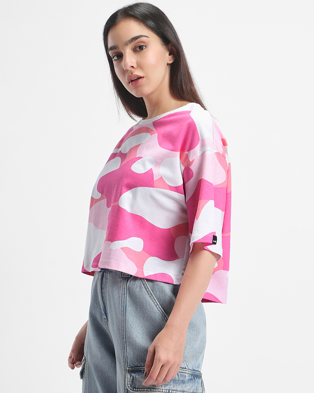 Shop Women's Pink & White Camo Printed Oversized Short Top-Back