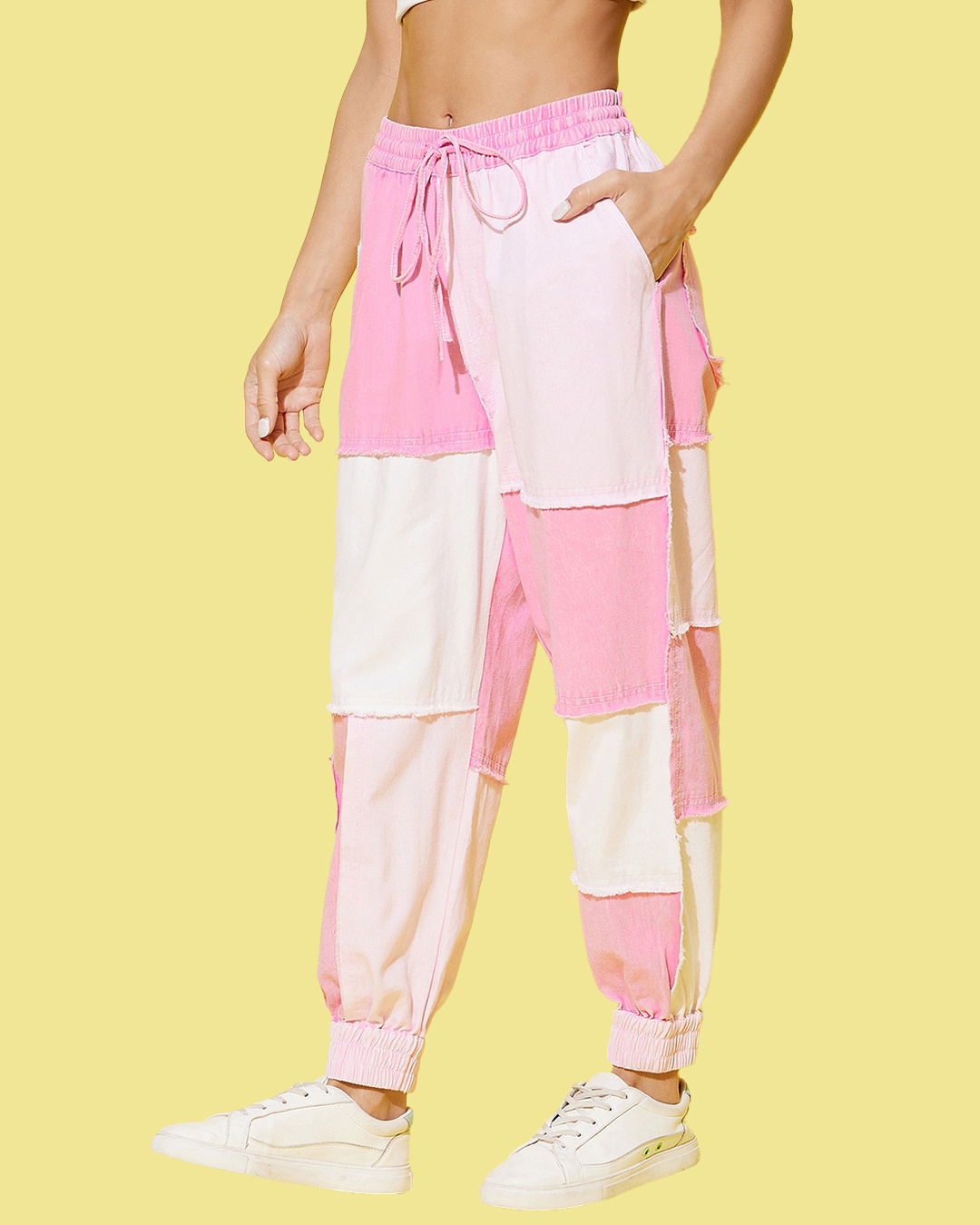 Shop Women's Pink & White Color Block Joggers-Back