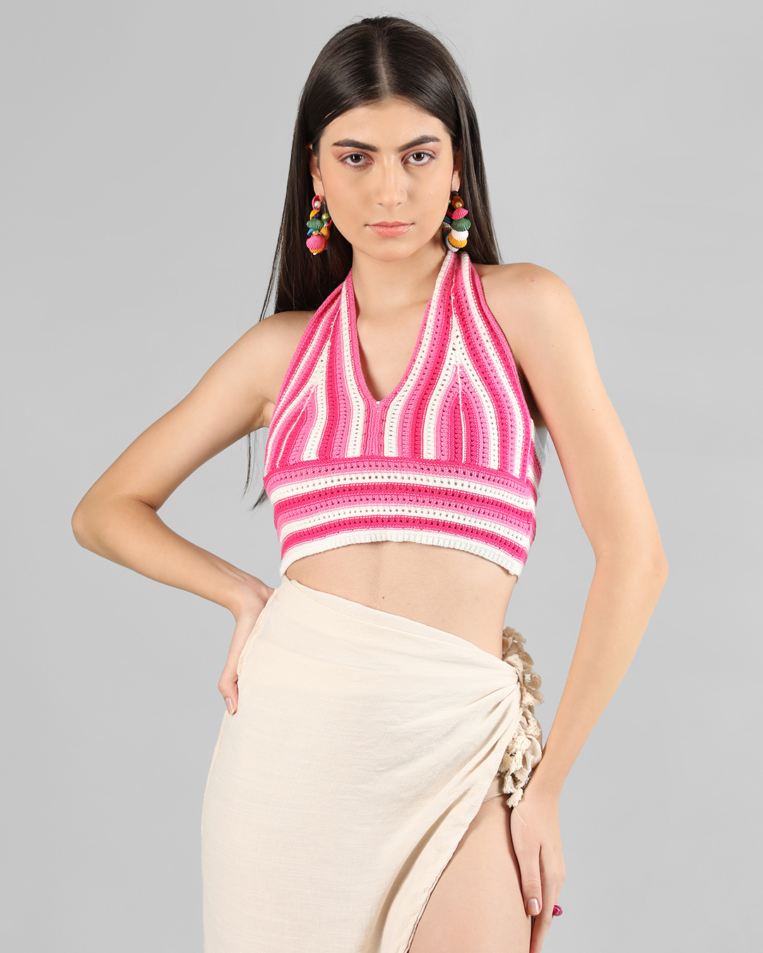 Buy Womens Pink And White Striped Crochet Short Top Online At Bewakoof