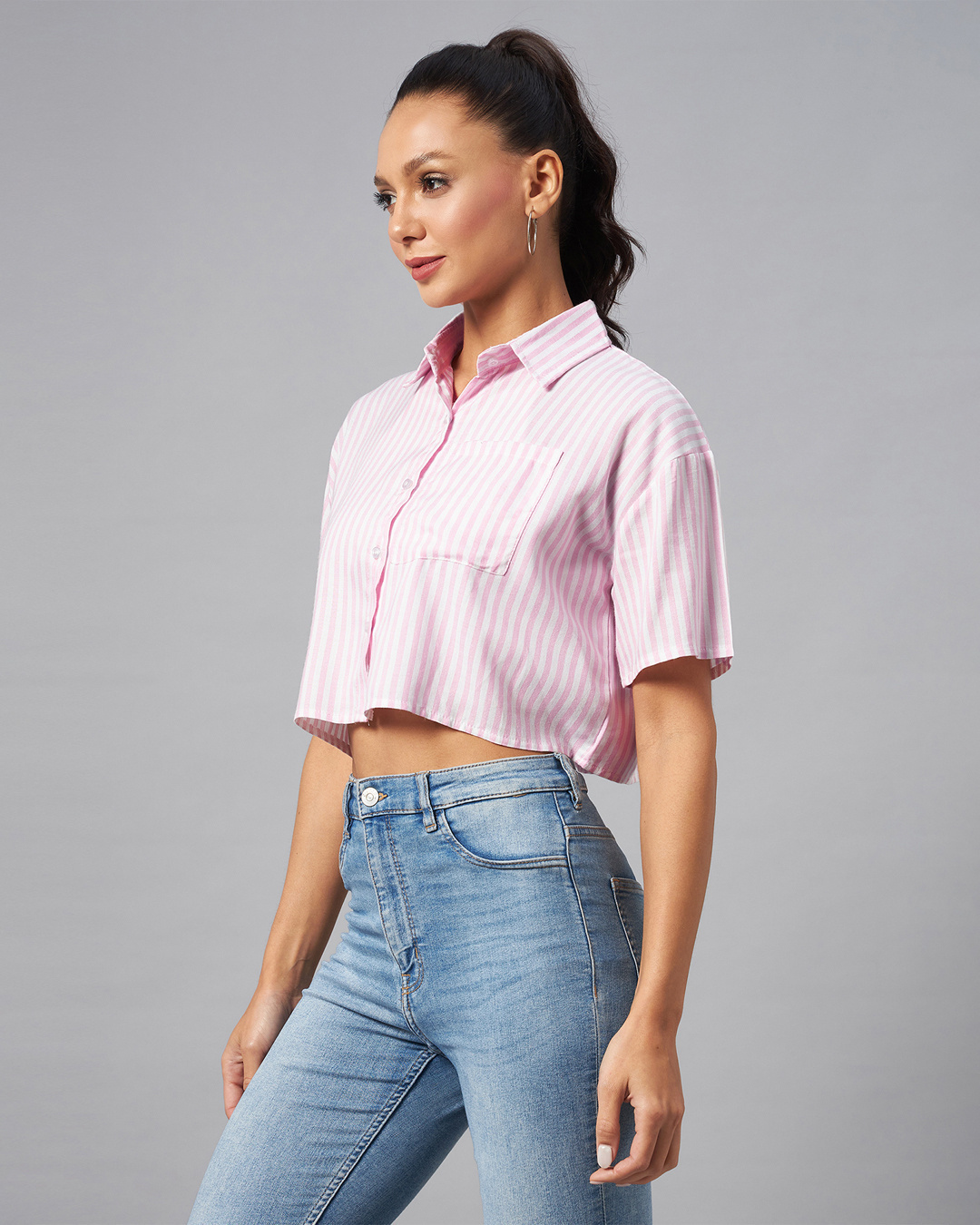 Shop Women's Pink & White Striped Crop Shirt-Back
