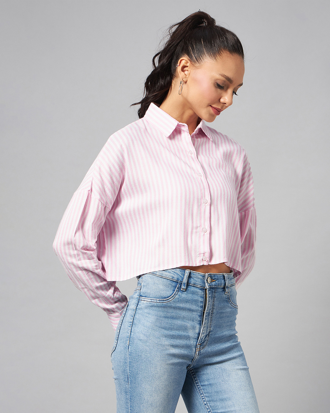 Shop Women's Pink & White Striped Drop Shoulder Crop Shirt-Back