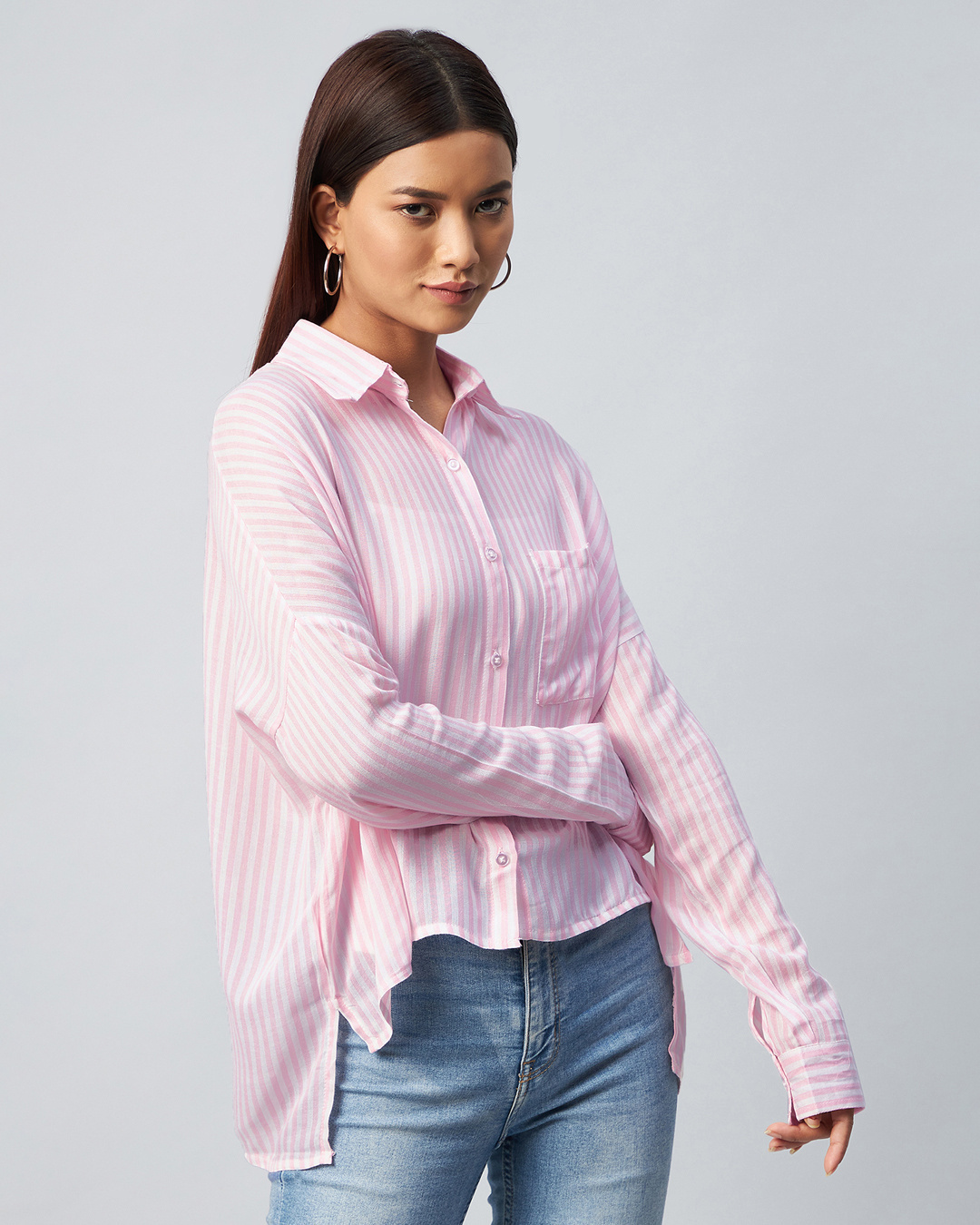 Shop Women's Pink & White Striped Loose Fit Shirt-Back