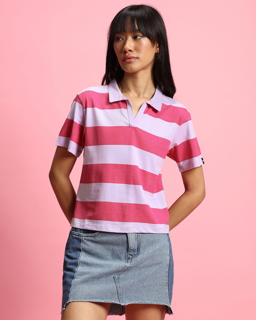 Shop Women's Pink & White Striped Plus Size Polo T-shirt-Back