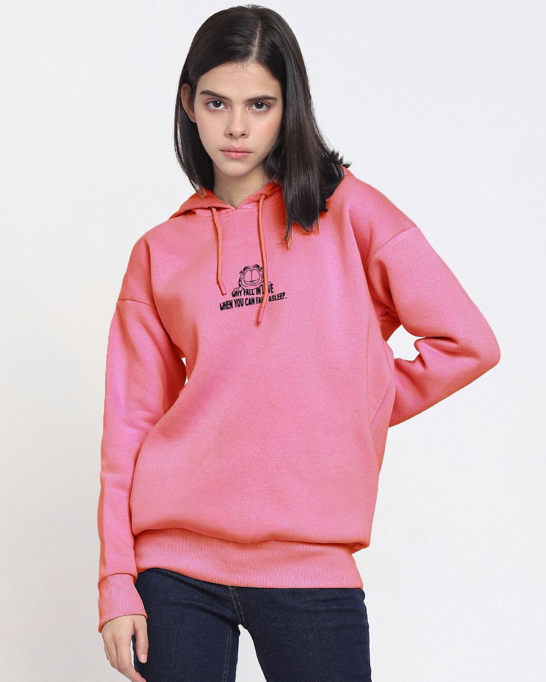 Shop Women's Pink Why Fall in Love Graphic Printed Oversized Hoodies-Back