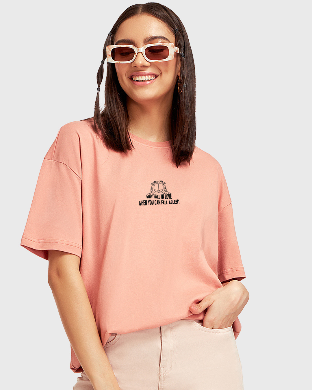 Shop Women's Pink Why Fall In Love Graphic Printed Oversized T-shirt-Back